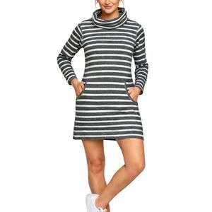 Max Studio Cowl Neck Tunic Dress Womens S Gray White Striped Athleisure Cotton